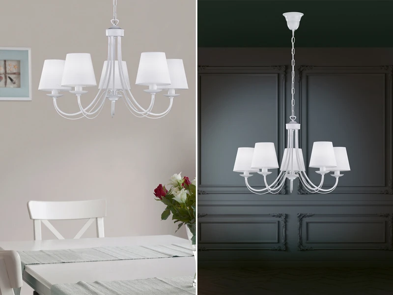 Trio Leuchten 5 Flammiger Kronleuchter CORTEZ Mit Stoffschirmen In Weiß Matt, Ø 70cm 1 Trio Leuchten 5 Flammiger Kronleuchter CORTEZ Mit Stoffschirmen In Weiß Matt, Ø 70cm