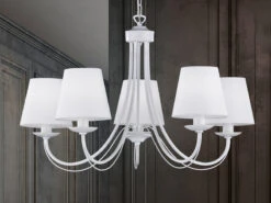 Trio Leuchten 5 Flammiger Kronleuchter CORTEZ Mit Stoffschirmen In Weiß Matt, Ø 70cm 14 Trio Leuchten 5 Flammiger Kronleuchter CORTEZ Mit Stoffschirmen In Weiß Matt, Ø 70cm -Globo Store 5 flammiger kronleuchter cortez mit stoffschirmen 1 5