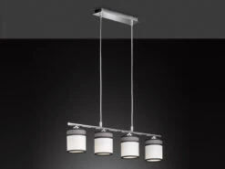 Wofi Balken Pendelleuchte DAVIE 4 Flammig Mit Stoffschirmen Weiß/Grau