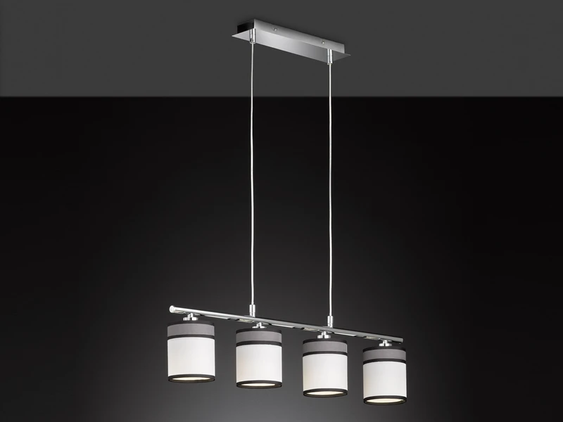 Wofi Balken Pendelleuchte DAVIE 4 Flammig Mit Stoffschirmen Weiß/Grau 1 Wofi Balken Pendelleuchte DAVIE 4 Flammig Mit Stoffschirmen Weiß/Grau