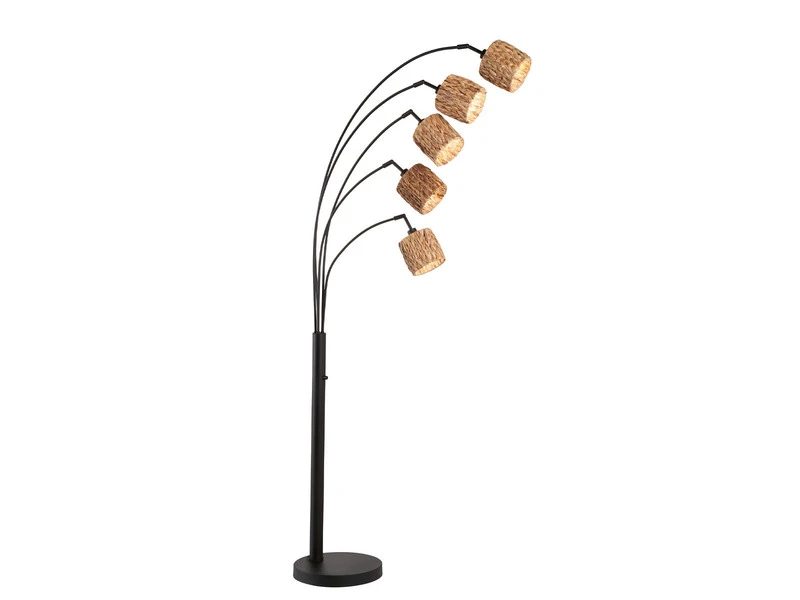 Fischer & Honsel Bogenlampe HYAZINTHE 5flammig 190cm Groß, Metall Schwarz Lampenschirme Seegras 2 Fischer & Honsel Bogenlampe HYAZINTHE 5flammig 190cm Groß, Metall Schwarz Lampenschirme Seegras – Bild 2