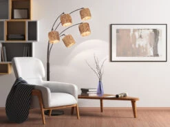 Fischer & Honsel Bogenlampe HYAZINTHE 5flammig 190cm Groß, Metall Schwarz Lampenschirme Seegras