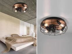 Reality Leuchten Deckenleuchte Mit Ventilator TRONDHEIM, Fernbedienung Schwarz/Holz Ø48cm