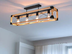 Trio Leuchten Deckenleuchte TENALI 4 Flammig Mit Holzbalken Metall Schwarz 100cm Lang