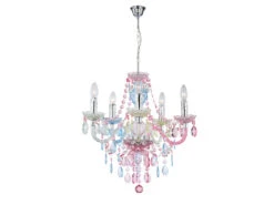 Globo Store 36 Globo Deko Kronleuchter NEVADA Mit Fünf E14 Kerzenhülsen Und Bunten Acrylkristallen