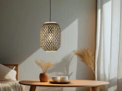 Fischer & Honsel Design Pendelleuchte HUMMEL Einflammig Mit Bambus Korbgeflecht Lampenschirm