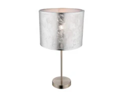 Globo Große Design Tischlampe AMY Mit Stofflampenschirm Silberfarbig, Höhe 50cm
