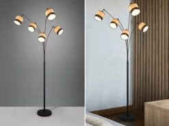 MeineWunschleuchte Große LED Bogenleuchte 5-flammig Lampenschirme In Holzoptik, Höhe 200cm