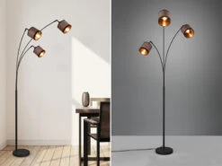 Reality Leuchten Große Stehleuchte DAVOS 3-flammig Mit Stoffschirmen In Taupe/Gold, Höhe 185cm