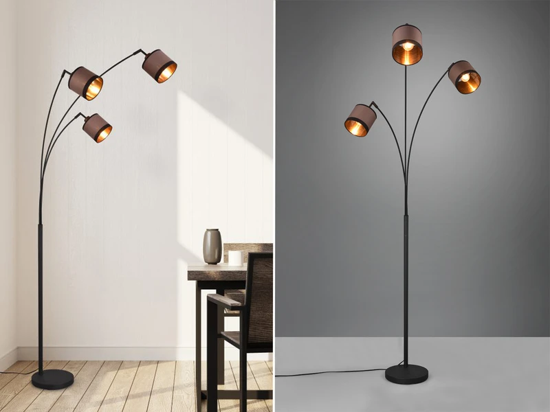 Reality Leuchten Große Stehleuchte DAVOS 3-flammig Mit Stoffschirmen In Taupe/Gold, Höhe 185cm 1 Reality Leuchten Große Stehleuchte DAVOS 3-flammig Mit Stoffschirmen In Taupe/Gold, Höhe 185cm