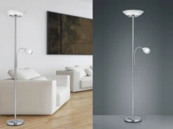 Reality Leuchten Großer Deckenfluter GERRY Mit Flex Leselampe, Silber & Glas Weiß, 180cm