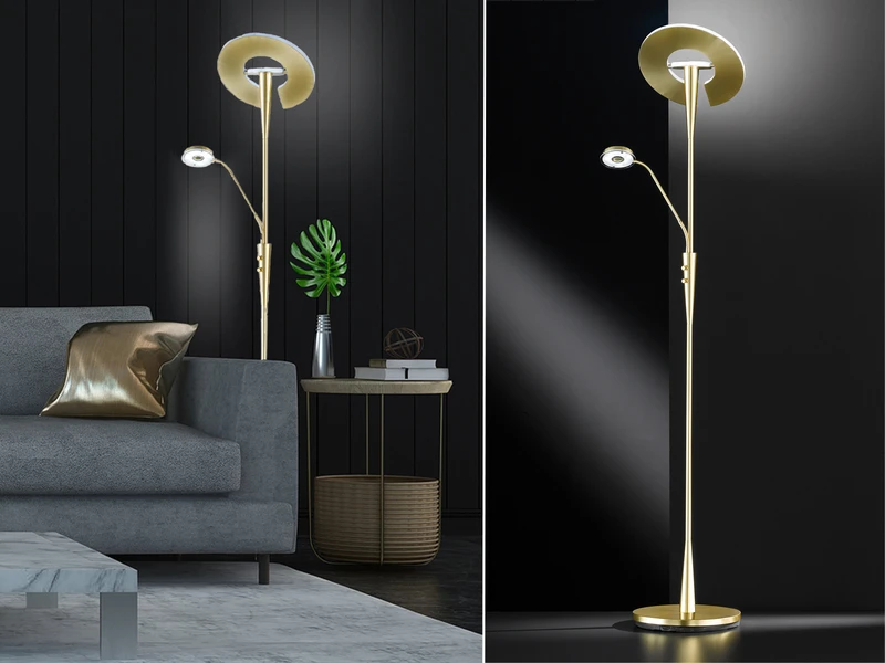 Trio Leuchten Großer LED Deckenfluter QUEBEC Schwenkbar Mit Lesearm, Höhe 180cm, Messing 1 Trio Leuchten Großer LED Deckenfluter QUEBEC Schwenkbar Mit Lesearm, Höhe 180cm, Messing