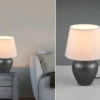 Reality Leuchten Keramik Tischleuchte ABBY Silber Antik Stoffschirm Weiß Ø 18cm Höhe 26cm