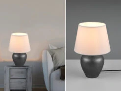 Reality Leuchten Keramik Tischleuchte ABBY Silber Antik Stoffschirm Weiß Ø 18cm Höhe 26cm
