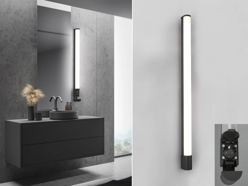 Trio Leuchten LED Bad Wandleuchte PIERA Mit Steckdose Schwarz 119cm - Spiegelleuchte 1 Trio Leuchten LED Bad Wandleuchte PIERA Mit Steckdose Schwarz 119cm - Spiegelleuchte