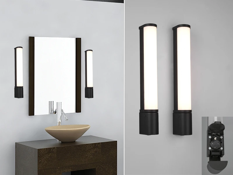 Trio Leuchten LED Bad Wandleuchten 2er Set Mit Steckdose Schwarz 41,5cm - Spiegelleuchte 1 Trio Leuchten LED Bad Wandleuchten 2er Set Mit Steckdose Schwarz 41,5cm - Spiegelleuchte