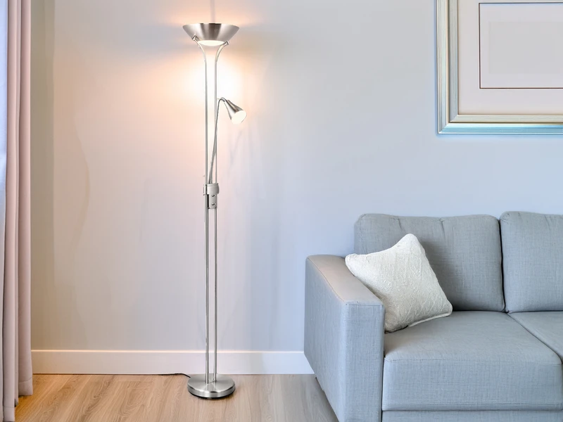 MeineWunschleuchte LED Deckenfluter Mit Leselampe In Silber Matt, Höhe 181,5cm 1 MeineWunschleuchte LED Deckenfluter Mit Leselampe In Silber Matt, Höhe 181,5cm