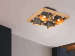 MeineWunschleuchte LED Deckenstrahler 4 Flammig Silber Antik & Gold Mit Holz Im Industrial Style -Globo Store led deckenstrahler 4 flammig silber antik gold mit 4