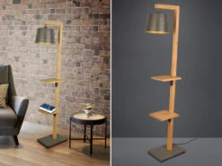 Trio Leuchten LED Stehlampe Aus Holz Mit Ablagen & Metallschirm Silber Antik, Höhe 165cm