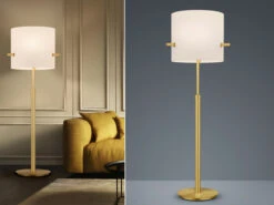 MeineWunschleuchte LED Stehlampe Messing Mit Stoffschirm Weiß Höhenverstellbar 145-187cm