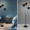 MeineWunschleuchte LED Stehleuchte 3 Flammig Metall, Stoffschirm Schwarz Gold, Höhe 150cm