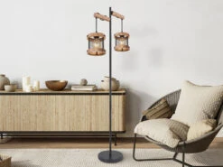 MeineWunschleuchte LED Stehleuchte Mit Holz 2-flammig, Gitter Schwarz, Höhe 150cm