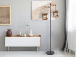 MeineWunschleuchte LED Stehleuchte Mit Holz 2-flammig, Gitter Schwarz, Höhe 150cm -Globo Store led stehleuchte mit holz 2 flammig gitter schwarz 1 4