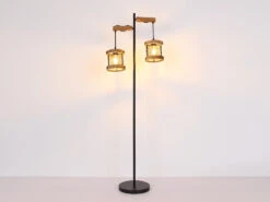 MeineWunschleuchte LED Stehleuchte Mit Holz 2-flammig, Gitter Schwarz, Höhe 150cm -Globo Store led stehleuchte mit holz 2 flammig gitter schwarz 1 7