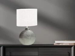 MeineWunschleuchte LED Tischlampe Mit Keramikfuß Silber & Lampenschirm Leinen Weiß, Höhe 39cm