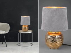 MeineWunschleuchte LED Tischleuchte Grau/Gold Keramikfuß Samtschirm - Ø16cm, H.26cm