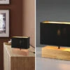 MeineWunschleuchte LED Tischleuchte Holzfuß Stoffschirm Schwarz/Gold 12x30cm Höhe 30cm