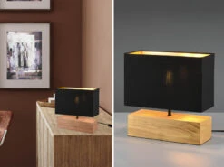 MeineWunschleuchte LED Tischleuchte Holzfuß Stoffschirm Schwarz/Gold 12x30cm Höhe 30cm
