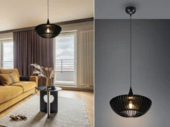 Trio Leuchten Pendelleuchte COLINO Mit Holz Lamellen Schwarz Matt, 1 Flammig, Ø40cm