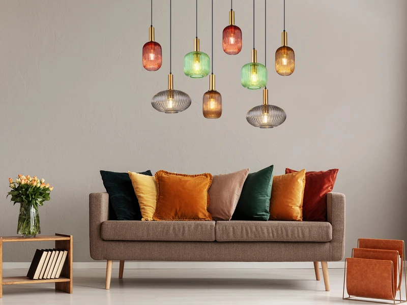 Globo Pendelleuchte NORMY Aus Rillenglas Mehrflammig Bunt, 8 Glasschirme 125cm 5 Globo Pendelleuchte NORMY Aus Rillenglas Mehrflammig Bunt, 8 Glasschirme 125cm – Bild 5