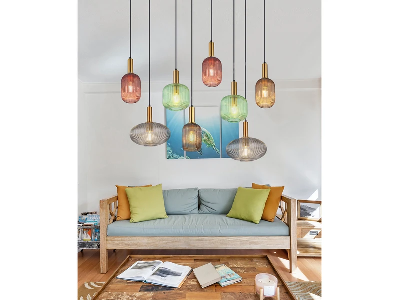 Globo Pendelleuchte NORMY Aus Rillenglas Mehrflammig Bunt, 8 Glasschirme 125cm 7 Globo Pendelleuchte NORMY Aus Rillenglas Mehrflammig Bunt, 8 Glasschirme 125cm – Bild 7