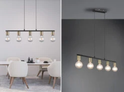 Reality Leuchten Pendelleuchte VANNES 5 Flammig Messing/Schwarz Balken 82cm Breit