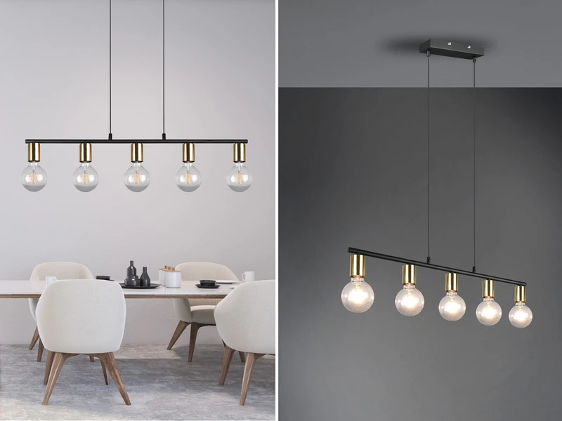 Reality Leuchten Pendelleuchte VANNES 5 Flammig Messing/Schwarz Balken 82cm Breit 1 Reality Leuchten Pendelleuchte VANNES 5 Flammig Messing/Schwarz Balken 82cm Breit