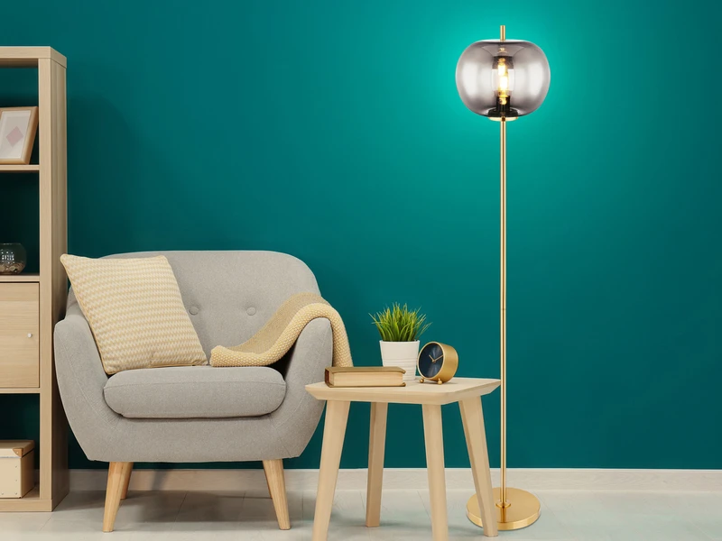 Globo Stehlampe BLACKY Mit Rauchglas Lampenschirm Ø 30cm, Metall Messing 1 Globo Stehlampe BLACKY Mit Rauchglas Lampenschirm Ø 30cm, Metall Messing