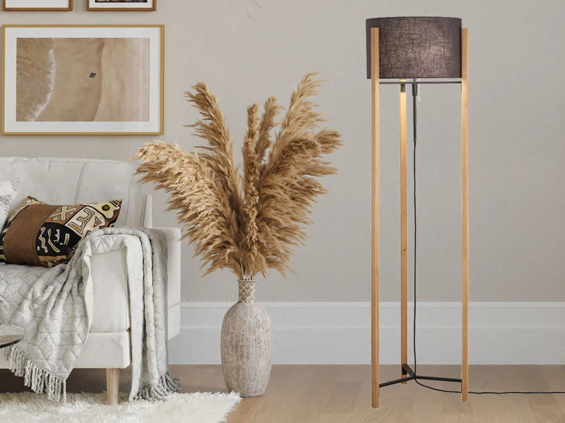 Fischer & Honsel Stehleuchte SHINE WOOD Mit Dreibein Holzfuß & Leinenschirm Grau, Höhe 152-160cm 1 Fischer & Honsel Stehleuchte SHINE WOOD Mit Dreibein Holzfuß & Leinenschirm Grau, Höhe 152-160cm