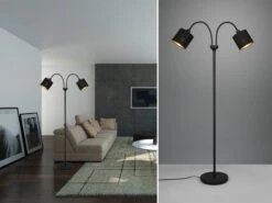 Reality Leuchten Stehleuchte TOMMY 2 Flammig Metall, Stoffschirm Schwarz Gold, Höhe 130cm