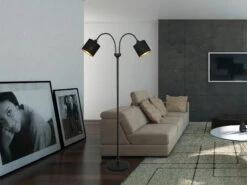 Reality Leuchten Stehleuchte TOMMY 2 Flammig Metall, Stoffschirm Schwarz Gold, Höhe 130cm -Globo Store stehleuchte tommy 2 flammig metall stoffschirm sch 6