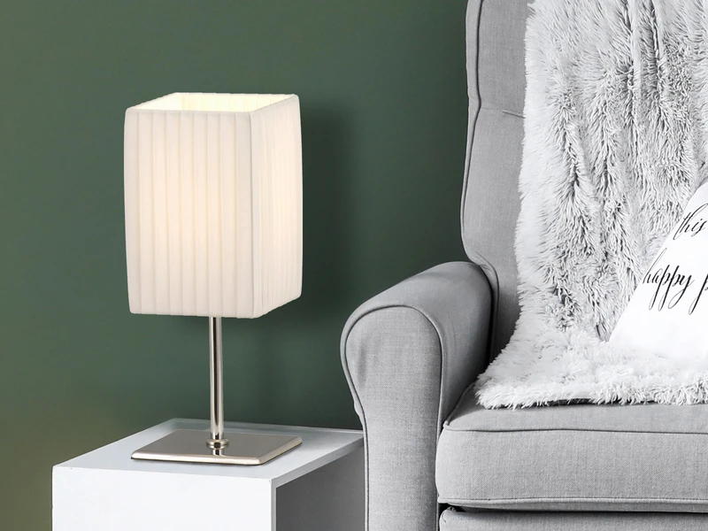 Globo Tischleuchte BAILEY Silber Chrom Mit Plissee Stoffschirm Weiß, Höhe 26cm 1 Globo Tischleuchte BAILEY Silber Chrom Mit Plissee Stoffschirm Weiß, Höhe 26cm