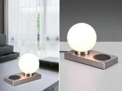 Reality Leuchten Tischleuchte CHLOE Silber Induktive Ladestation & Touch Glasschirm 12cm
