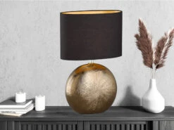 Fischer & Honsel Tischleuchte FORO, Keramikfuß Bronze Antik & Stoffschirm Schwarz Gold, 53cm Groß -Globo Store tischleuchte foro keramikfuss bronze antik stoffsc 2