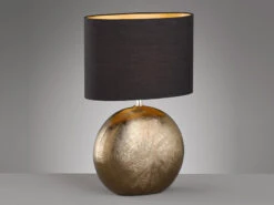 Fischer & Honsel Tischleuchte FORO, Keramikfuß Bronze Antik & Stoffschirm Schwarz Gold, 53cm Groß