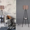 Reality Leuchten Tripod Stehleuchte COLETTE Mit Stoffschirm In Taupe/Gold & Ablagetisch, H 152cm