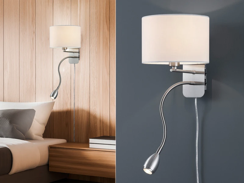 Trio Leuchten Wandleuchte HOTEL Mit LED Leselampe & Stecker, Stoffschirm Weiß Ø20cm 1 Trio Leuchten Wandleuchte HOTEL Mit LED Leselampe & Stecker, Stoffschirm Weiß Ø20cm