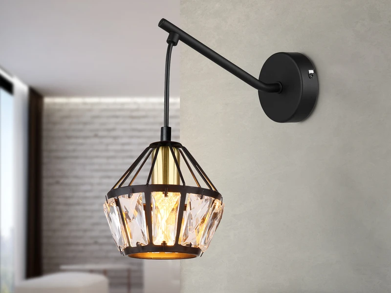 Globo Wandleuchte LOIS Mit Glaskristallen Metall Schwarz Gold, Höhe 25cm 5 Globo Wandleuchte LOIS Mit Glaskristallen Metall Schwarz Gold, Höhe 25cm – Bild 5