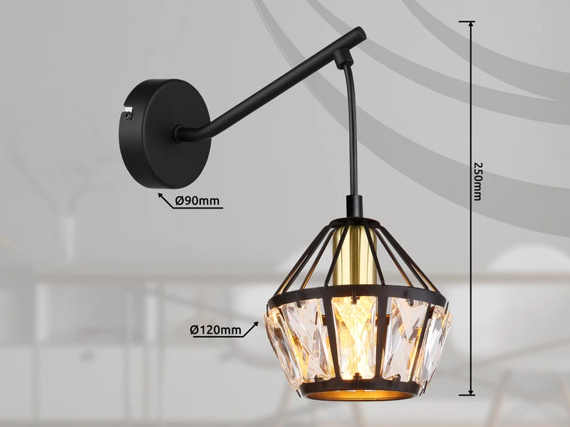 Globo Wandleuchte LOIS Mit Glaskristallen Metall Schwarz Gold, Höhe 25cm 10 Globo Wandleuchte LOIS Mit Glaskristallen Metall Schwarz Gold, Höhe 25cm – Bild 10