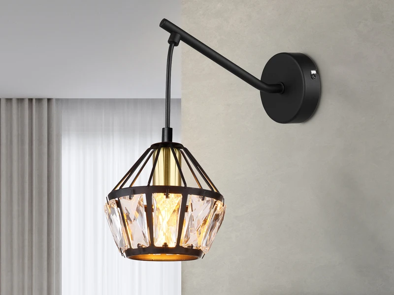 Globo Wandleuchte LOIS Mit Glaskristallen Metall Schwarz Gold, Höhe 25cm 1 Globo Wandleuchte LOIS Mit Glaskristallen Metall Schwarz Gold, Höhe 25cm